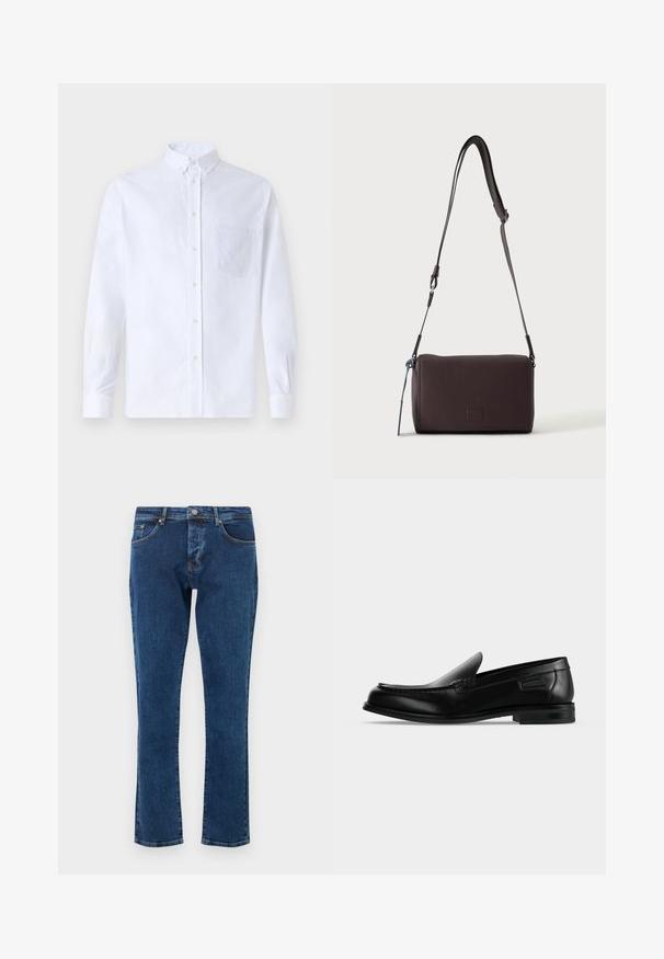 Chemise blanche à manches longues avec boutons en coton, présentant une poche poitrine avec broderie ton sur ton, un col et des poignets boutonnés.; Jean en denim bleu foncé avec une coupe droite, cinq poches et un bouton métallique à la taille. Texture lisse avec une décoloration minimale.; Mocassin noir en cuir à enfiler avec un petit talon, un bout arrondi et des surpiqûres décoratives le long du bord supérieur.; Sac bandoulière en cuir marron foncé texturé avec une sangle réglable et un petit accent décoratif bleu sur le côté.