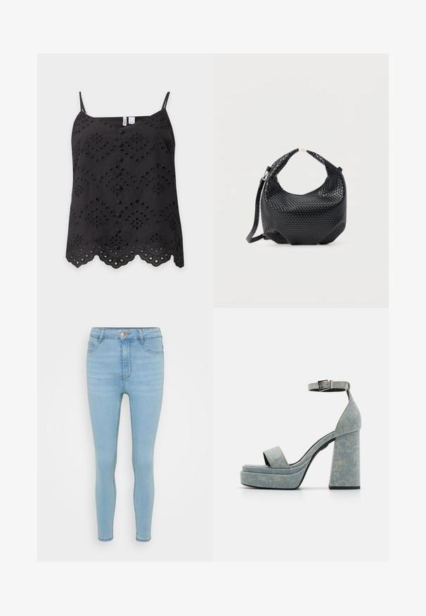 Top negro sin mangas con diseño bordado calado, botones delanteros cubiertos de tela, bajo con borde festoneado y tirantes finos ajustables.; Vaqueros skinny de denim azul claro con una cintura alta, que cuentan con un cierre frontal de botón y cremallera, cinco bolsillos y un ligero desgastado.; Sandalias de plataforma de denim con un grueso tacón cuadrado, punta abierta y tira al tobillo con un hebilla metálica. Azul claro con una textura sutil.; Bolso de mano de cuero negro trenzado con asa corta y correa de hombro desmontable, exhibido sobre un fondo claro y liso.