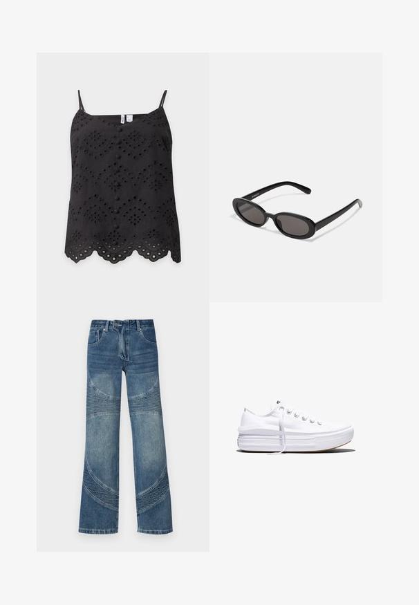 Schwarzes ärmelloses Top mit besticktem Lochmuster, vorne stoffbezogene Knöpfe, gewellter Saum und dünne verstellbare Träger.; Hochtaillierte blaue Jeans aus Denim mit weitem Bein, versehen mit geschwungenen Nahtdetails und gerippten Teilen im unteren Bereich. Lässiger Stil.; Weißer Canvas-Sneaker mit niedrigem Schnitt, dicker Plateau-Sohle, vorderer Schnürung und rauer Gummikappe an der Spitze, aus seitlicher Ansicht gezeigt.; Even&Odd Sonnenbrille - black