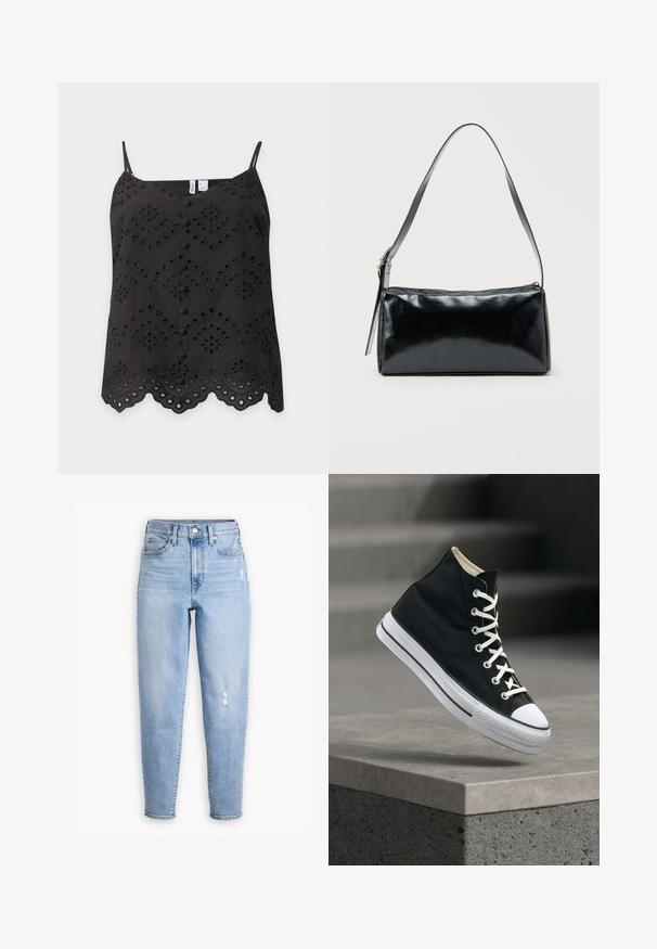 Sort ærmeløs top med broderet hulmønster, knapper dækket med stof foran, bølget kant og tynde justerbare stropper.; Lysblå højtaljede jeans lavet af denim, med lige ben, subtil falming og et lille slidområde på højre lår.; Sort højt sneakers med hvide snørebånd og gummisål balancerer på kanten af en grå betonplatform.; Sort rektangulær skuldertaske med en enkelt justerbar rem og lynlås i toppen på en ensfarvet baggrund.