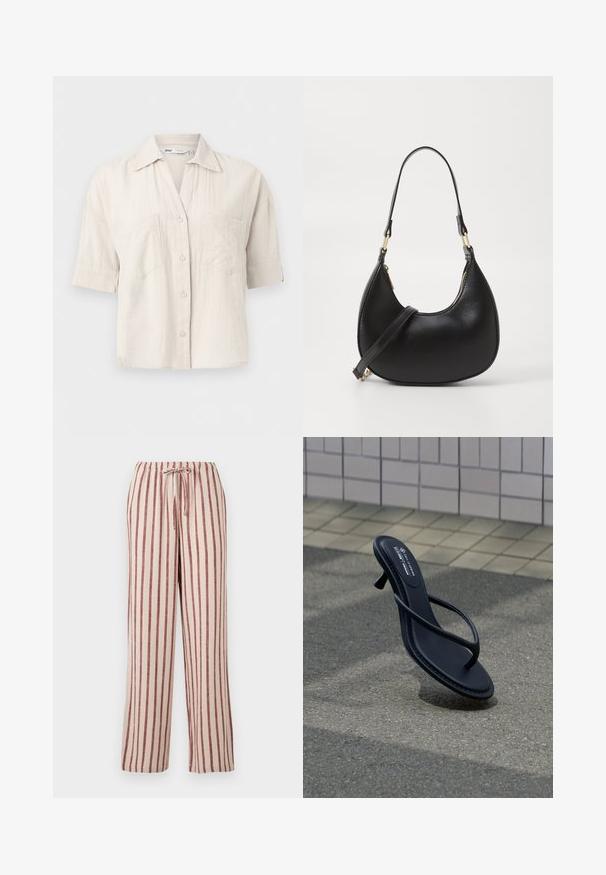 Chemise beige clair à manches courtes avec boutons, deux poches poitrine et col pointu, présentée sur un fond uni.; Pantalon beige clair à rayures rouges verticales, taille élastique avec cordon de serrage, coupe droite.; Sandale noire à talons et brides flottant au-dessus d’un pavement gris texturé avec un mur carrelé en arrière-plan.; Sac à main en cuir noir avec une forme courbée, doté d'une fermeture à glissière en haut, d'une courte poignée et d'une bandoulière amovible. Accent en métal doré.
