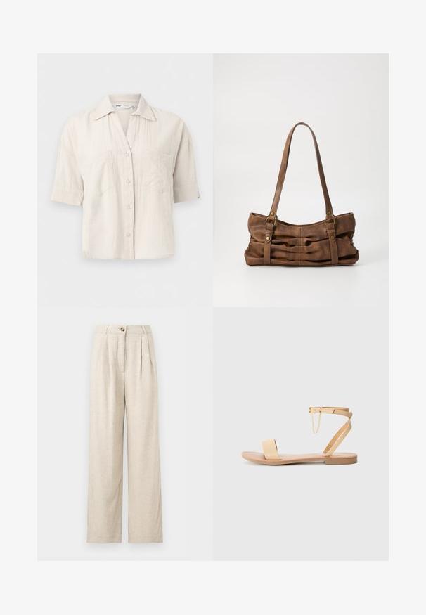 Lysebeige kortærmet skjorte med knapper, to brystlommer og spidst krave, vist på en ensfarvet baggrund.; Beige linnedbukser med høj talje, vide ben, knaplukning og frontnederdele, designet til en afslappet pasform.; Beige flad sandal med en enkelt bred rem, ankelrem med spænde og dekorativ kæde detalje. Glat læderlignende tekstur og flad sål.; Even&Odd by Zalando Håndtasker - brown