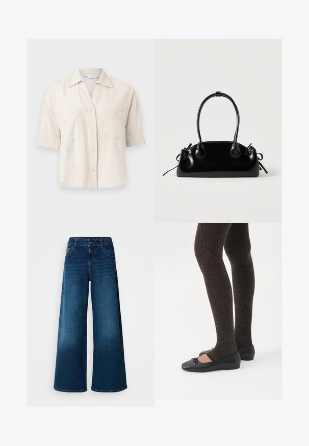 Chemise beige clair à manches courtes avec boutons, deux poches poitrine et col pointu, présentée sur un fond uni.; Jean large en denim bleu foncé. Doté d'une taille haute, d'une fermeture à bouton et d'un design classique à cinq poches avec une légère décoloration.; Jambes portant des leggings côtelés foncés associés à des ballerines noires avec de petits détails en nœud sur fond blanc.; Petit sac à main noir brillant avec deux longues anses et des détails à cordon sur les côtés sur un fond clair uni.