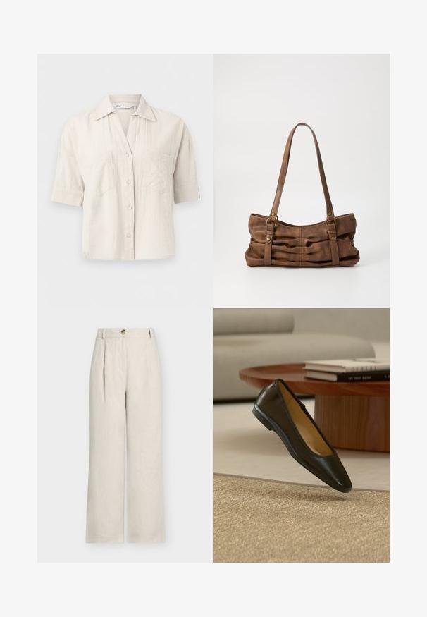 Chemise beige clair à manches courtes avec boutons, deux poches poitrine et col pointu, présentée sur un fond uni.; Pantalon en lin beige taille haute à jambes larges, avec passants pour ceinture, fermeture par boutons et plis devant.; Chaussure plate en cuir noir avec bout carré arrondi sur un tapis tissé beige, avec une table basse en bois et des livres empilés en arrière-plan.; Even&Odd by Zalando Sac à main - brown