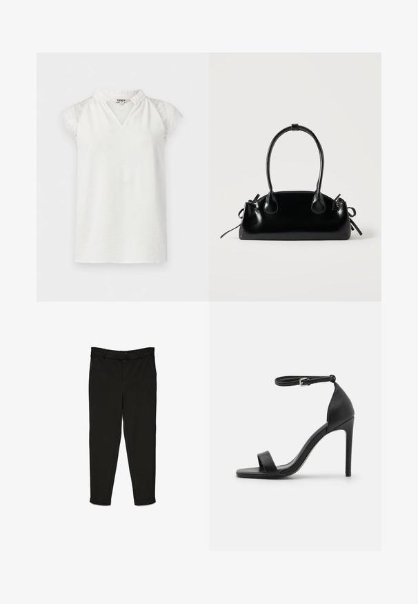 Blusa blanca sin mangas con mangas de encaje y un pequeño cuello en V con volantes, mostrada sobre un fondo liso.; Pantalones negros de tela tejida, con un diseño de corte recto, parte delantera plana y puños en los tobillos para un aspecto estilizado.; Sandalia de tacón alto negra con un diseño elegante, que cuenta con una correa en el tobillo, punta abierta y una textura de cuero suave.; Pequeño bolso negro brillante con dos asas largas y detalles de cordón lateral sobre un fondo claro liso.