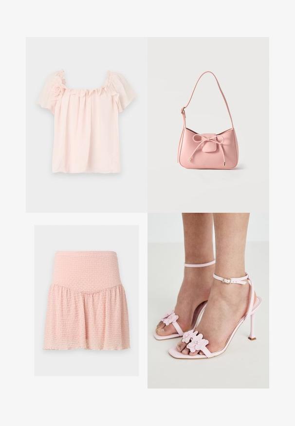 Blusa rosa claro con escote con volantes y mangas cortas abullonadas. Tela suave con un acento floral en el hombro izquierdo. Corte relajado.; Minifalda rosa claro con textura, cintura ancha y detalle de tela fruncida sobre un fondo liso.; Sandalias de tacón alto rosas con apliques florales, tiras delgadas en el tobillo y diseño destalonado. Textura suave y forma de puntera puntiaguda.; Bolso pequeño de hombro color rosa pastel con correa ajustable y detalle de lazo en el frente con extremos dorados sobre un fondo liso.