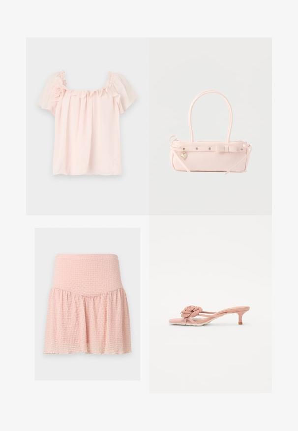 Blusa rosa claro con escote con volantes y mangas cortas abullonadas. Tela suave con un acento floral en el hombro izquierdo. Corte relajado.; Minifalda rosa claro con textura, cintura ancha y detalle de tela fruncida sobre un fondo liso.; Chanclas de color rosa claro con un detalle texturizado de flor en la tira y un tacón pequeño. Material suave y diseño abierto.; Bolso rectangular de color rosa pálido con doble asa, lazo decorativo, ojales metálicos y un pequeño colgante en forma de corazón sobre un fondo liso.