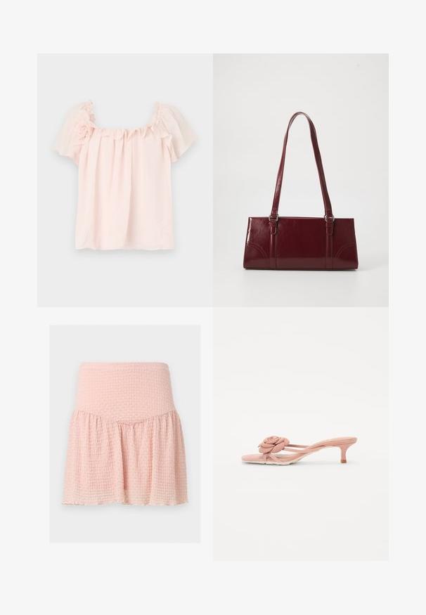 Blusa rosa claro con escote con volantes y mangas cortas abullonadas. Tela suave con un acento floral en el hombro izquierdo. Corte relajado.; Minifalda rosa claro con textura, cintura ancha y detalle de tela fruncida sobre un fondo liso.; Chanclas de color rosa claro con un detalle texturizado de flor en la tira y un tacón pequeño. Material suave y diseño abierto.; Bolso burdeos hecho de material brillante, de forma rectangular, con dos asas para el hombro y sutiles acentos curvados en la parte frontal.