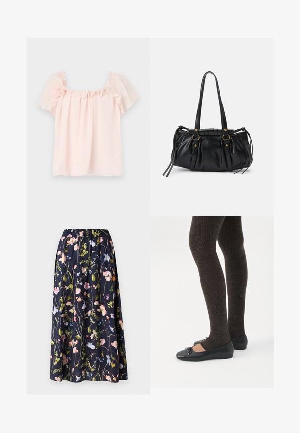 Lyserød bluse med flæse ved halsen og korte, pufærmer. Blødt stof med blomsterdetalje på venstre skulder. Behagelig pasform.; Marineblomstret nederdel med elastisk talje, der har et print af lyserøde, blå og grønne blomster på et struktureret stof.; Ben iført mørke ribbede leggings kombineret med sorte balletsko med små sløjfedetaljer på hvid baggrund.; Sort læderhåndtaske med rund form, dobbelte hanke, dekorative hardware-detaljer og snøre på siden. Glat, blank overflade.