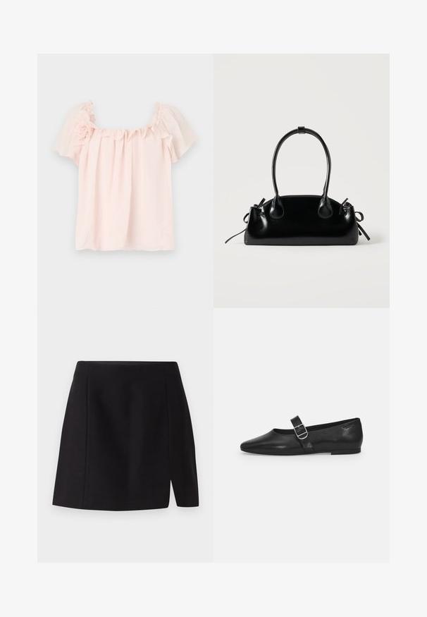Blusa rosa claro con escote con volantes y mangas cortas abullonadas. Tela suave con un acento floral en el hombro izquierdo. Corte relajado.; Mini falda negra hecha de una tela suave, con una cintura ajustada y una abertura frontal que añade un toque moderno a su diseño sencillo.; Zapato plano de cuero negro con punta redondeada, una sola correa ajustable con hebilla y una textura suave y brillante. Diseño minimalista con un tacón bajo.; Pequeño bolso negro brillante con dos asas largas y detalles de cordón lateral sobre un fondo claro liso.