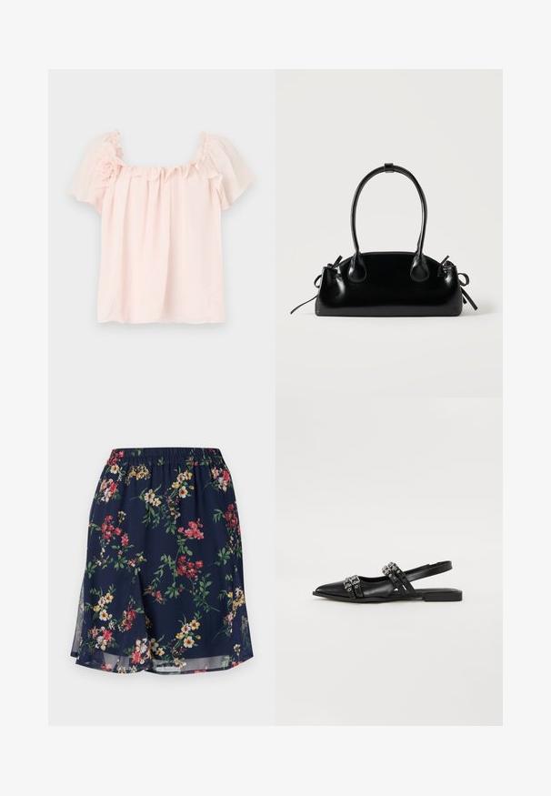 Lyserød bluse med flæse ved halsen og korte, pufærmer. Blødt stof med blomsterdetalje på venstre skulder. Behagelig pasform.; Blomsterkjole med elastisk talje, der har en marineblå baggrund pyntet med røde, gule og grønne blomstermønstre. Letvægtsstof.; Even&Odd by Zalando Slingback-ballerinasko - black; Lille sort blank håndtaske med to lange håndtag og snøre-detaljer i siden på en ensfarvet lys baggrund.