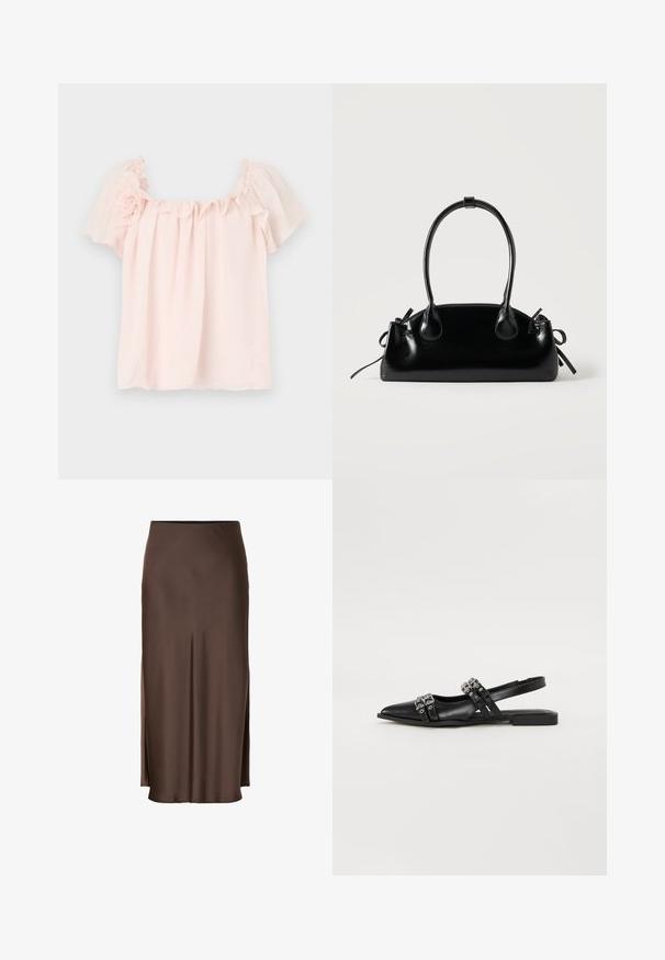 Lyserød bluse med flæse ved halsen og korte, pufærmer. Blødt stof med blomsterdetalje på venstre skulder. Behagelig pasform.; Brun satin nederdel med et lige design, der har sideslids for let bevægelse og en glat tekstur gennem stoffet.; Even&Odd by Zalando Slingback-ballerinasko - black; Lille sort blank håndtaske med to lange håndtag og snøre-detaljer i siden på en ensfarvet lys baggrund.