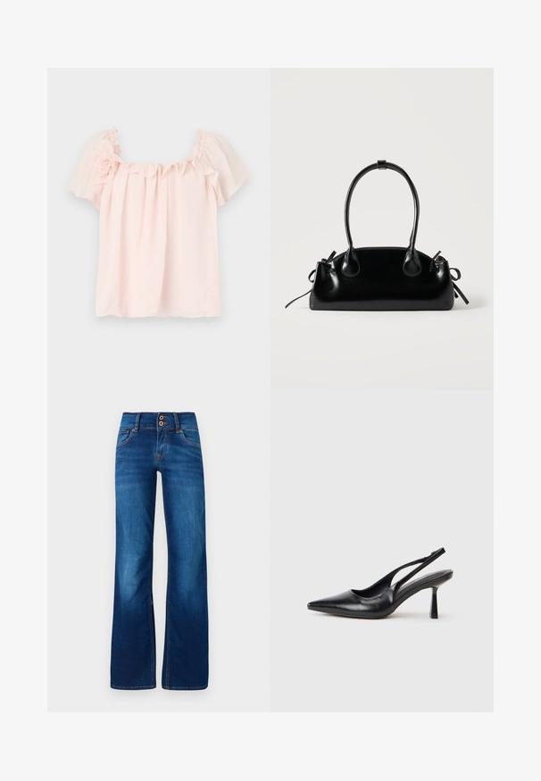 Blusa rosa claro con escote con volantes y mangas cortas abullonadas. Tela suave con un acento floral en el hombro izquierdo. Corte relajado.; Jeans de pernera ancha en denim azul, con dos botones frontales, costuras naranjas y una textura suave. Diseño clásico de cinco bolsillos.; Zapato de tacón alto negro de cuero con puntera afilada y tacón delgado sobre un fondo blanco.; Pequeño bolso negro brillante con dos asas largas y detalles de cordón lateral sobre un fondo claro liso.