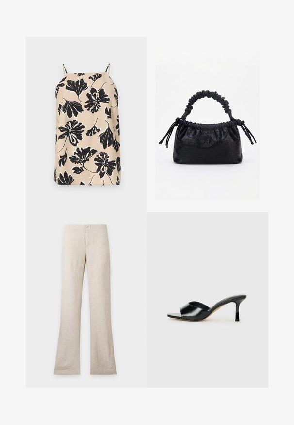 Haut beige sans manches avec de fines bretelles, arborant un grand imprimé floral noir avec des accents blancs subtils sur un fond uni clair.; Pantalon en lin beige à jambe droite et fermeture avant dissimulée, présenté à plat sur un fond clair uni. Pas de poches ni de détails visibles.; Mules à talons hauts en cuir noir avec un design à bout ouvert et une large sangle supérieure incurvée. Texture lisse et silhouette élégante.; Sac à main noir avec texture crocodile, bord supérieur froncé, poignée plissée et pompons à cordon de chaque côté sur fond blanc.