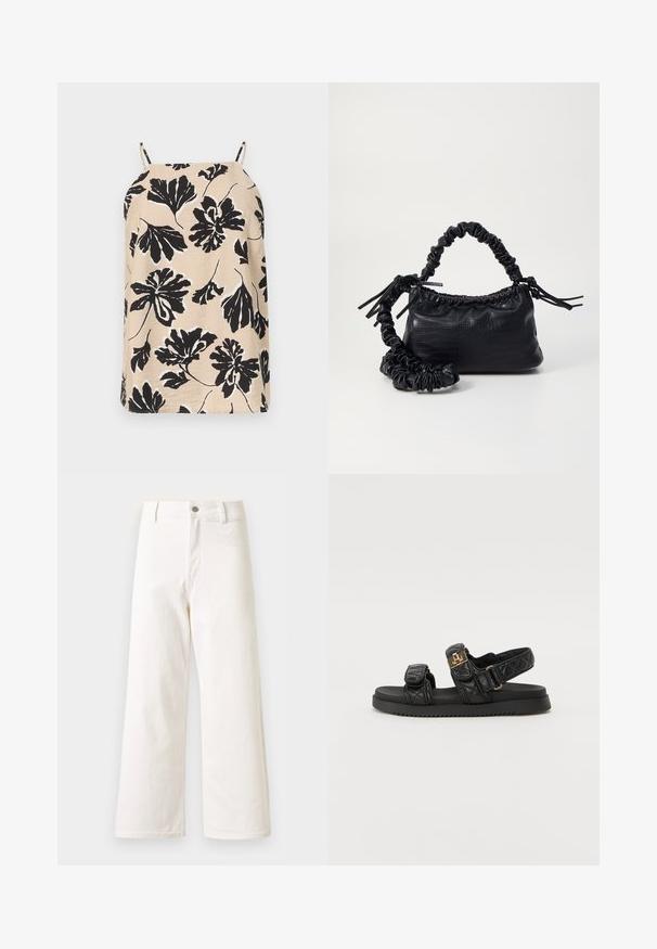 Haut beige sans manches avec de fines bretelles, arborant un grand imprimé floral noir avec des accents blancs subtils sur un fond uni clair.; Pantalon en denim blanc à taille haute et jambes larges, fermeture devant par bouton et zip, passants pour ceinture, sans poches visibles.; Sandales noires matelassées avec deux brides réglables, accents dorés et semelle noire texturée. Design épuré et contemporain.; Sac à main en simili cuir noir avec une texture crocodile, un dessus resserré et une sangle froncée. A l'apparence douce et compacte.