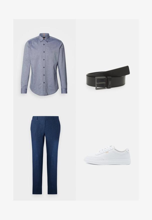 Modrá košeľa s button-up zapínaním z ľahkého materiálu. Má rozšírený golier, dlhé rukávy a malé logo na hrudi. Zapínanie na prednej strane na gombíky.; Námornícke modré nohavice vyrobené z texturovanej tkaniny, s rovnými nohavicami a klasickým plochým predným dizajnom. Žiadne viditeľné vzory ani akcenty.; Biele kožené tenisky s hladkým povrchom, zaoblenou špičkou a tónovým prešívaním. Obsahujú modré šnúrky a zlaté logo na boku.; Čierny kožený opasok s matnou striebornou obdĺžnikovou prackou a koženou očkou s logom značky. Má jemné červené šitie pozdĺž okraja.