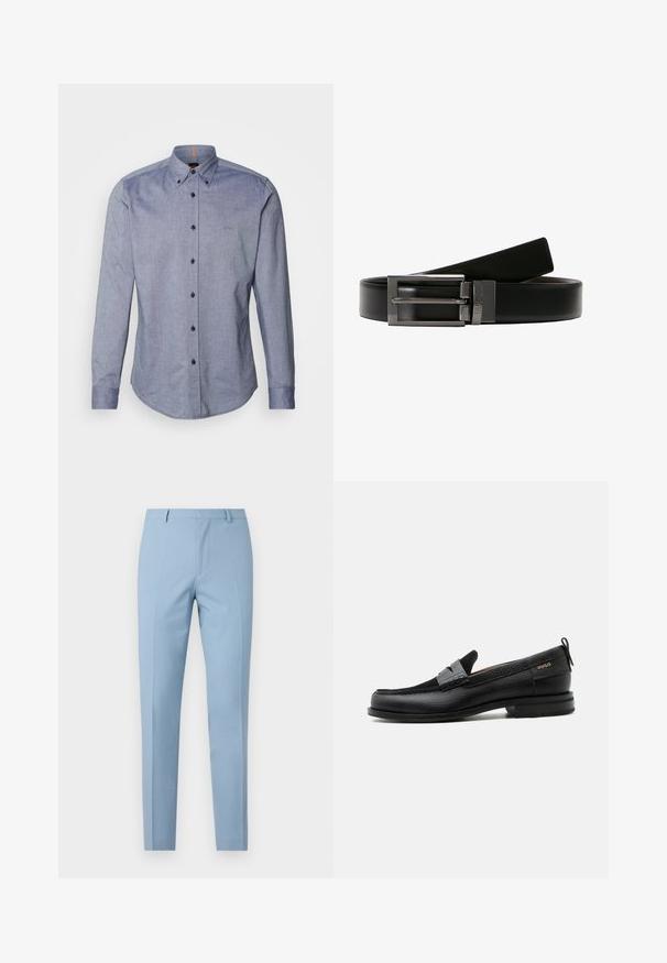 Blå skjorte med knapper i et let stof. Har en spredt krave, lange ærmer og et lille logo på brystet. Frontlukning med knapper.; Lysblå skræddersyede bukser med slim fit, glat tekstur, fold foran, tætsiddende talje og bæltesløjfer. Ingen synlige lommer.; Sort læderloafer med grå remdetalje, lav hæl og tekstureret sål, mærket med "HUGO" i guld på siden.; Sort læderbælte med en skinnende sølvmetalkynd. Kynden har et dobbelt tandsdesign. Glat tekstur med en poleret finish.