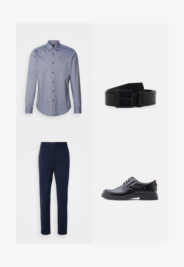 Modrá košeľa s button-up zapínaním z ľahkého materiálu. Má rozšírený golier, dlhé rukávy a malé logo na hrudi. Zapínanie na prednej strane na gombíky.; Námornícke modré chinos nohavice vyrobené z ľahkej tkaniny, s rovnými nohami, zapínaním na gombík a bočnými vreckami. Hladká textúra bez vzorov.; Čierne kožené šnurovacie topánky s hladkou textúrou, zaoblenou špičkou a jemnými švami. Na päte je červené sťahovacie očko.; Čierny kožený opasok s matným povrchom, s obdĺžnikovou kovovou prackou a hladkou textúrou. Jednoduchý dizajn bez vzorov alebo akcentov.