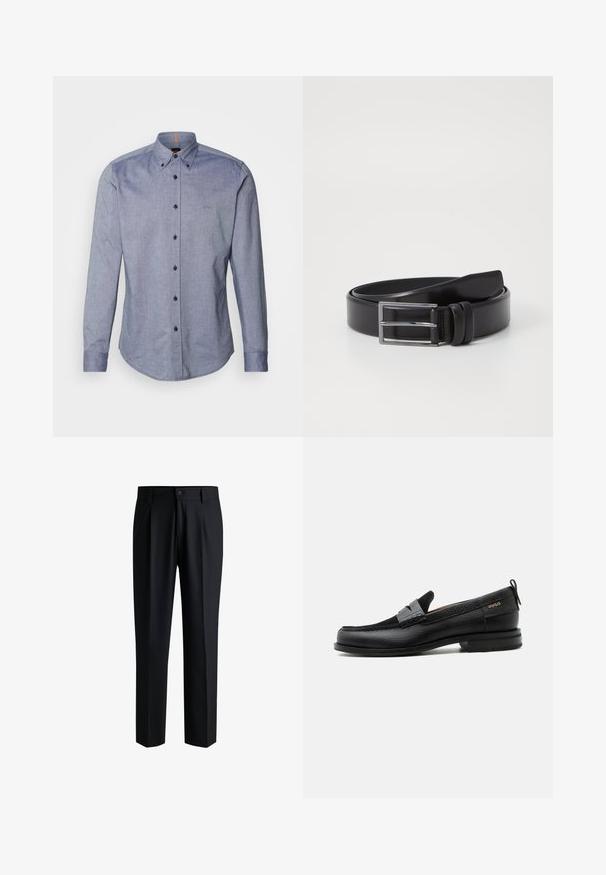 Chemise bleu à manches longues en tissu léger. Elle présente un col évasé, des manches longues et un petit logo sur la poitrine. Fermeture à boutons sur le devant.; Pantalons noirs en tissu lisse, avec une coupe droite, des plis à l'avant et une fermeture à bouton avec passants de ceinture.; Mocassin en cuir noir avec détail de bride grise, talon bas et semelle texturée, marqué "HUGO" en or sur le côté.; Ceinture en cuir noir au toucher lisse, dotée d'une boucle rectangulaire en argent et d'un double détail de broche. Design classique et polyvalent.