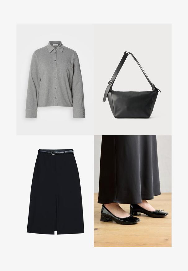 Grijze button-up shirt van soepel materiaal, voorzien van een kraag, lange mouwen, een borstzak en een knoopmanchet met logodetail.; Zwarte knie-lange rok met een vooraanstaande split, gemaakt van gladde stof. Heeft een dunne zwarte riem met een zilveren gesp en riemlussen.; Zwarte gepatineerde ballerina's met een strikaccent, lage blokhak en ronde neus, gedragen met een lange zwarte rok op een houten vloer.; Zwarte leren schoudertas met een brede verstelbare riem en zilveren gesp, weergegeven tegen een effen lichte achtergrond.