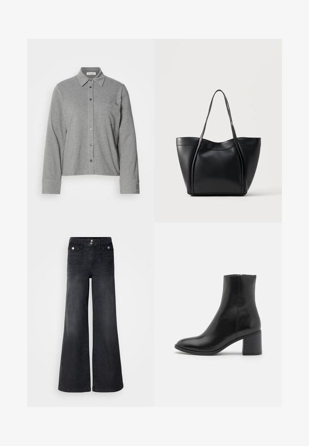 Grijze button-up shirt van soepel materiaal, voorzien van een kraag, lange mouwen, een borstzak en een knoopmanchet met logodetail.; Zwarte denim wijd uitlopende jeans met een hoge taille, voorste knopen en twee voorzakken; soepele textuur met een lichte vervaging.; Zwarte leren enkelboot met een ronde neus, een blokhak van gemiddelde hoogte en een gladde afwerking. Voorzien van een discrete zijrits.; Zwarte leren tote-tas met twee lange handvatten en een licht gebogen bovenrand, getoond tegen een effen lichte achtergrond.