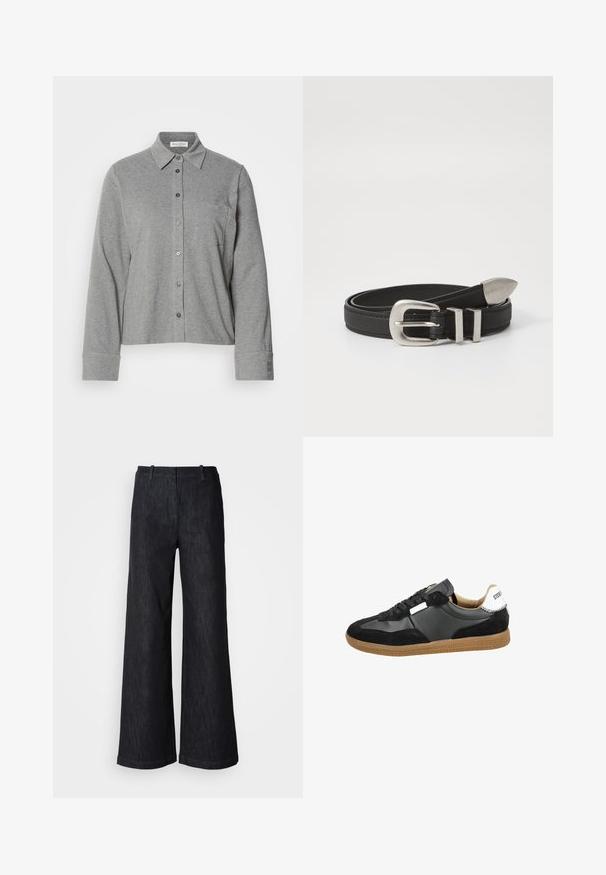 Grijze button-up shirt van soepel materiaal, voorzien van een kraag, lange mouwen, een borstzak en een knoopmanchet met logodetail.; Zwarte wijde denimbroek met een gestructureerde afwerking, voorzien van taillebandlussen en een nette zoom. Klassiek ontwerp, geschikt voor verschillende gelegenheden.; Zwarte sneaker van suede en leer, voorzien van een rubberen zool, opvallende veters en een witte accen t bij de hiel.; Zwarte leren riem met een zilveren metalen gesp en dubbele lusaccenten, met een textuurafwerking en een taps toelopend einde voor een veilige pasvorm.