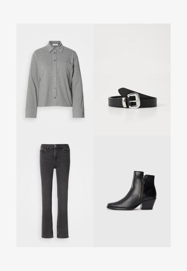 Chemise grise à boutons en tissu doux, avec un col, des manches longues, une poche poitrine et un poignet boutonné avec un détail de logo.; Jeans en denim noir à coupe droite, avec des poches avant, une fermeture éclair et des détails de couture subtils. Le tissu a une légère texture.; Bottines en cuir noir avec un bout pointu, une fermeture éclair sur le côté et un talon épais. Texture lisse et design minimaliste.; Ceinture en cuir noir avec une boucle en métal argenté, présentant une texture lisse et un design épuré et minimal.