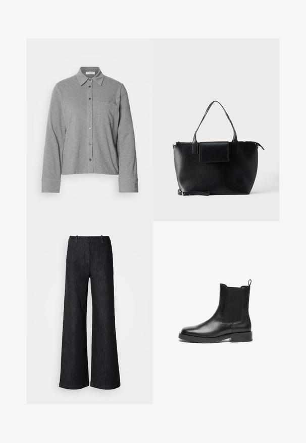 Grijze button-up shirt van soepel materiaal, voorzien van een kraag, lange mouwen, een borstzak en een knoopmanchet met logodetail.; Zwarte wijde denimbroek met een gestructureerde afwerking, voorzien van taillebandlussen en een nette zoom. Klassiek ontwerp, geschikt voor verschillende gelegenheden.; Zwarte leren Chelsea-laarzen met elastische zijpanelen, ronde neus, trekband en chunky zwarte rubberen zool. Gladde textuur en klassiek ontwerp.; Zwarte leren totebag met twee handvatten, een afneembare band, magnetische klepsluiting en een gladde textuur. Rits aan de bovenzijde en sierstiksels.