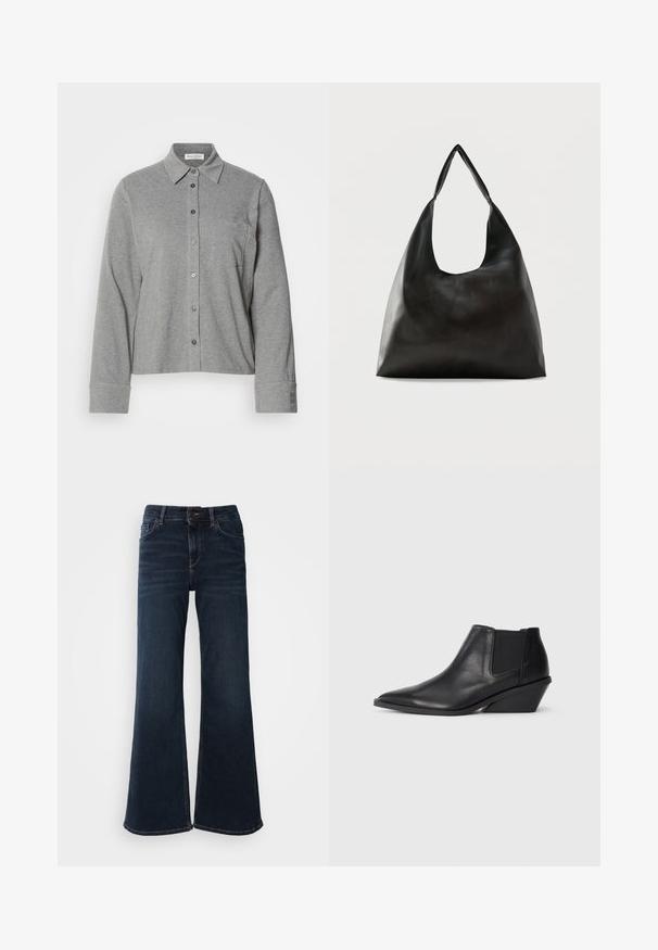 Camisa gris de botones hecha de tela suave, con cuello, manga larga, un bolsillo en el pecho y un puño abotonado con detalle del logo.; Mos Mosh HERA - Vaqueros a campana - dark blue; Botas de tobillo de cuero negro con punta afilada, paneles laterales elásticos y un tacón corto y en ángulo. Textura suave con un detalle mínimo.; Bolso de hombro de cuero negro liso con una correa ancha y única y un diseño desenfadado y minimalista sobre un fondo sencillo.