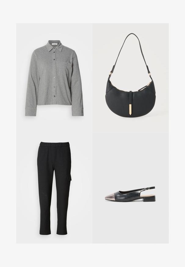 Camisa gris de botones hecha de tela suave, con cuello, manga larga, un bolsillo en el pecho y un puño abotonado con detalle del logo.; Pantalones negros a rayas con un cinturón elástico y diseño de pierna recta. Presenta un bolsillo lateral con tapa, hecho de una tela suave.; Zapatos tipo slingback con parte superior de cuero negro, puntera metálica en oro rosa y tacón bajo en bloque. Textura suave con un diseño curvado.; Bolso negro en forma de media luna con una sola correa, cremallera dorada y una lengüeta decorativa rectangular dorada en la parte delantera.