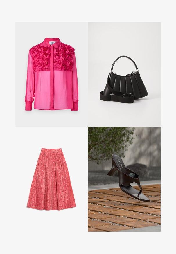 Camisa de botones rosa con un diseño floral texturizado en los hombros, de manga larga y una tela suave y ligera en todo su cuerpo.; Falda maxi de coral fluida, hecha de un tejido texturizado, con un patrón floral y pequeños acentos blancos, y pliegues para añadir volumen.; Sandalia de tiras con tacón marrón de Calvin Klein suspendida sobre suelo exterior de loseta de madera y grava, con fondo desenfocado de vegetación y piedras.; Bolso de mano negro con pliegues, manejo redondeado, correa ajustable y textura brillante. Presenta herrajes plateados y una silueta estructurada.