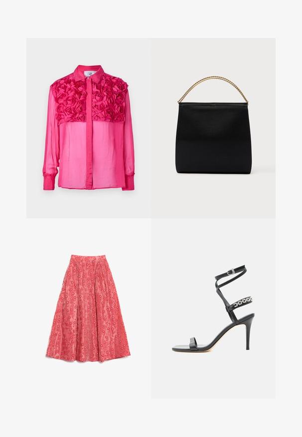 Camisa de botones rosa con un diseño floral texturizado en los hombros, de manga larga y una tela suave y ligera en todo su cuerpo.; Falda maxi de coral fluida, hecha de un tejido texturizado, con un patrón floral y pequeños acentos blancos, y pliegues para añadir volumen.; Sandalia negra de tacón alto con tira delgada en el tobillo, tira en la parte media del pie decorada con eslabones de cadena plateados y diseño de punta abierta.; Bolso negro de tela suave, con forma estructurada, asa de cadena dorada y diseño geométrico minimalista.