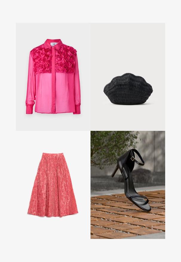 Roze overhemd met knopen dat een gestructureerd bloemenpatroon op de schouders heeft, lange mouwen en een gladde, luchtige stof.; Vloeiende koraalkleurige maxirok van textuurstof, met een bloempatroon en kleine witte accenten, en plooien voor volume.; Zwarte hoge hak sandaal met enkelbandje zweeft boven een houten tegelvloer buiten, met een onscherpe groene en stenen achtergrond.; Zwarte gevlochten handtas in de vorm van een sint-jakobsschelp met een gebogen bovenkant en een geweven textuur op een effen achtergrond.