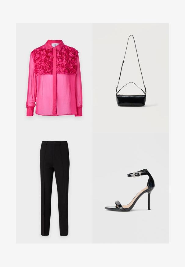 Chemise rose à boutons avec un design floral texturé sur les épaules, à manches longues et en tissu lisse et léger tout au long.; Pantalon noir à coupe slim, doté d'une fermeture à bouton, de deux poches latérales et d'une texture de tissu lisse. Des rayures verticales sont visibles.; Sandale à talon haut en cuir verni noir avec bride à la cheville. Présente un design minimaliste, un bout ouvert et une boucle ornée de strass.; Sac bandoulière rectangulaire en cuir noir avec bandoulière ajustable, fermeture éclair sur le dessus et petit logo Calvin Klein doré sur le devant.