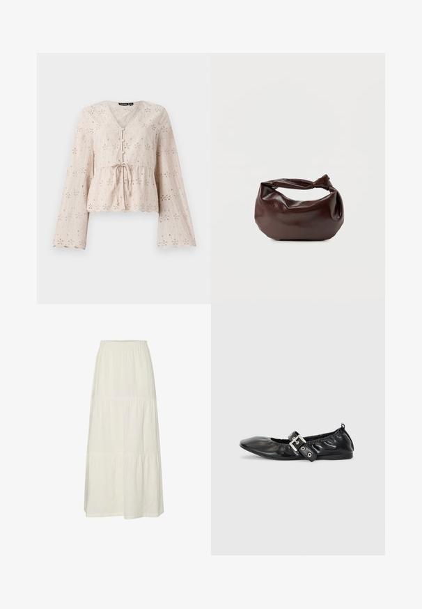 Lys beige broderet bluse med V-udskæring, lange klokkeærmer, bånd i taljen og bølgemønster forneden, prydet med broderede blomsterdekorationsmønstre.; Hvid, lagdelt maxiskørt lavet af let, struktureret stof med elastisk talje. Har tre forskellige stofsektioner.; Sorte læder flade sko med spids tå, samling detaljer omkring åbningen, og en sølv spænde accent på den justerbare rem.; Mørkebrun læder skuldertaske med en blød, afslappet form og et snoet knudehåndtag på en ensartet hvid baggrund.