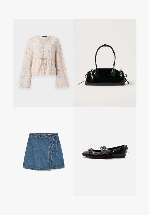 Lys beige broderet bluse med V-udskæring, lange klokkeærmer, bånd i taljen og bølgemønster forneden, prydet med broderede blomsterdekorationsmønstre.; Blå denim omslagsnederdel med sidebåndslukning og synlige syninger, over knælængde, vist fladt på hvid baggrund.; Sort flad balletsko med dobbelt spænde, sølvøjer og en lille sløjfe nær den runde tå på en hvid baggrund.; Lille sort blank håndtaske med to lange håndtag og snøre-detaljer i siden på en ensfarvet lys baggrund.