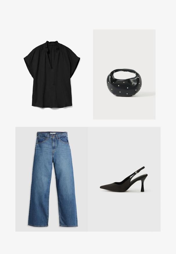 Sort bluse med korte ærmer, V-hals og flæset krave, lavet af let struktureret stof, lagt fladt på en hvid baggrund.; Blå denim brede jeans med høj talje, der har fem lommer, kontrastsyning og lynlås.; Sorte slingback hæle med spids tå, glat mat finish og en slank, blank hæl. Justerbar rem med lille spænde detaljer.; Sort læderhåndtaske med en rundet form, dekoreret med sølvnitter, og et kort håndtag. Glat tekstur og lynlåslukning.