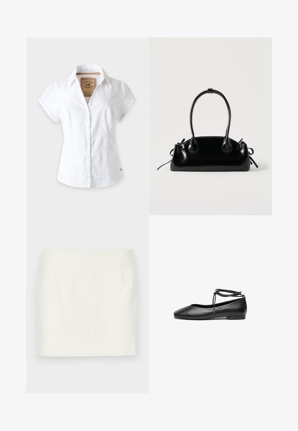 Camisa blanca de manga corta con botones, cuello y cintura ajustada, con etiqueta de la marca Hollister California dentro del cuello.; Mini falda de lino blanco con corte recto, que presenta bolsillos laterales y una textura suave. Sin patrones ni acentos visibles.; Bailarinas de cuero negro con punta afilada, tacón plano y un detalle de lazo alrededor del tobillo. Textura suave, diseño minimalista.; Pequeño bolso negro brillante con dos asas largas y detalles de cordón lateral sobre un fondo claro liso.