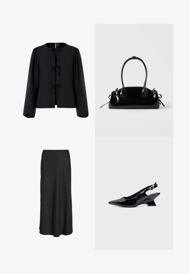 Sort cropped bluse med rund halsudskæring, tre bindebånd foran, lange puffede ærmer og et tekstureret stof.; Sort maxinederdel lavet af glat, letvægtsstof. Har en enkel A-formet silhuet med en let udvidet kant og ingen synlige lukninger.; Sort laklæder slingback sko med spids tå og lav vinklet blokhæl på ensartet lys baggrund.; Lille sort blank håndtaske med to lange håndtag og snøre-detaljer i siden på en ensfarvet lys baggrund.