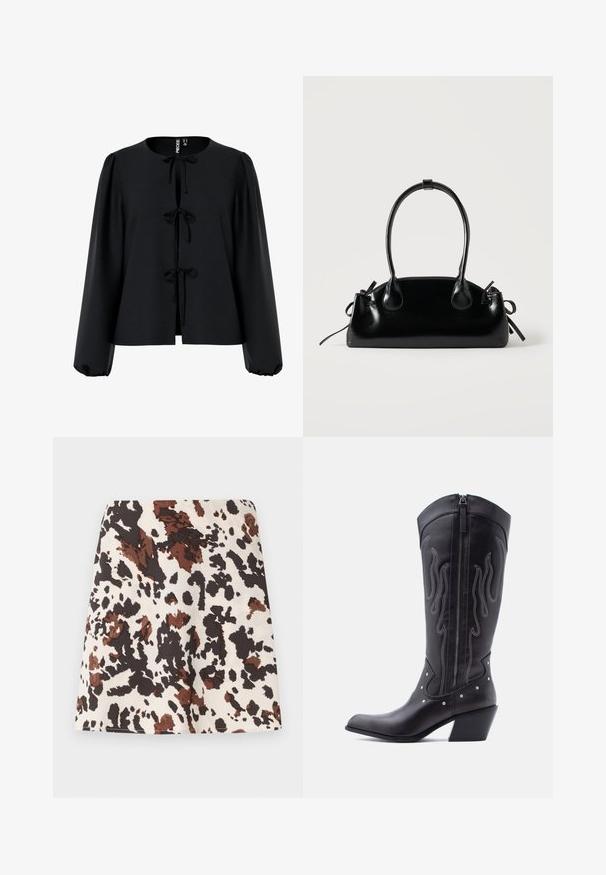 Blouse noire cropped avec un col rond, trois nœuds à l'avant, manches longues bouffantes et un tissu texturé.; Jupe courte avec un motif tacheté de vache en crème, marron et noir. Fabriquée en tissu doux, elle présente un design droit et ajusté avec une légère élasticité.; Bottes de cow-boy en cuir noir avec bout pointu, coutures apparentes, ornements à clous argentés et fermeture éclair sur le côté intérieur.; Petit sac à main noir brillant avec deux longues anses et des détails à cordon sur les côtés sur un fond clair uni.