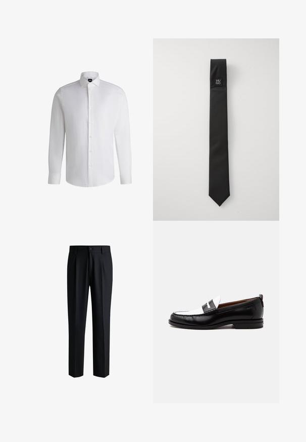 Chemise blanche à manches longues en coton lisse, dotée d'un col classique, d'une patte de boutonnage complète et de poignets à bouton. Design minimaliste.; Pantalons noirs en tissu lisse, avec une coupe droite, des plis à l'avant et une fermeture à bouton avec passants de ceinture.; Mocassin en cuir noir et blanc avec des détails cousus, un petit talon et un design slip-on, présenté de profil sur un fond uni.; Cravate noire en matériau lisse, avec une texture subtile, ornée d'un petit logo noir près du haut.