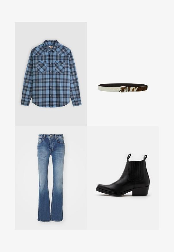 Langærmet skjorte med knapper, blå og sort ternet mønster, to brystlommer med knapper og spids krave på hvid baggrund.; Udbredte blå denim jeans med mellem vask, fem-lomme design og knaplukning. Har en falmet tekstur og let udtværing.; Kentucky's Western Cowboy- / bikerstøvlette - black; Læderbælte med et cremefarvet og brunt pletteret design, sølvspænde og en glat overflade med en kontrasterende mørk underside.