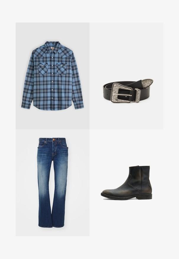 Chemise à manches longues boutonnée avec motif à carreaux bleu et noir, deux poches poitrine à boutons et col pointu sur fond blanc.; Jean en denim bleu avec une coupe évasée, cinq poches et une fermeture à bouton en laiton. Présente un léger délavage et des coutures contrastées.; AllSaints LANG - Bottines - brown; Ceinture en cuir noir dotée d'une boucle en argent ornée avec des gravures complexes et un embout décoratif, mettant en avant la texture et l'artisanat.
