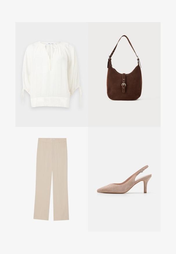 Blouse blanche ample avec manches 3/4 bouffantes, encolure ronde avec fermeture à lien, et détails froncés aux épaules et aux poignets.; Pantalons larges beige avec une texture lisse, présentant une coupe ajustée, deux poches avant et un léger pli le long des jambes.; Escarpin à talon aiguille en daim beige doux, à bout pointu, talon élancé et bride de cheville réglable avec boucle ronde.; Sac hobo en suede marron avec une forme courbée, un fond plat, une bandoulière ajustable et un détail de fermeture à boucle sur le devant. Texture lisse.
