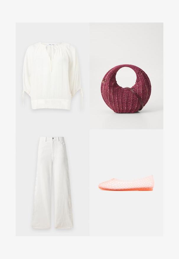 Hvid løs bluse med 3/4 puffede ærmer, rund halsudskæring med bindesløjfe og rynkede detaljer ved skuldre og manchetter.; Hvide bukser med vidde lavet af denim, der har broderede mønstre på siden og en traditionel femlomme-design. Lynlås-lukning med en knap.; Gennemsigtig pink flad sko med lukket tå og flettet plastikdesign på en hvid baggrund.; Rund, vævet taske i dyb bordeaux med en glat brun rem. Har guld accenter og en struktureret overflade med jævnt fordelte åbninger.