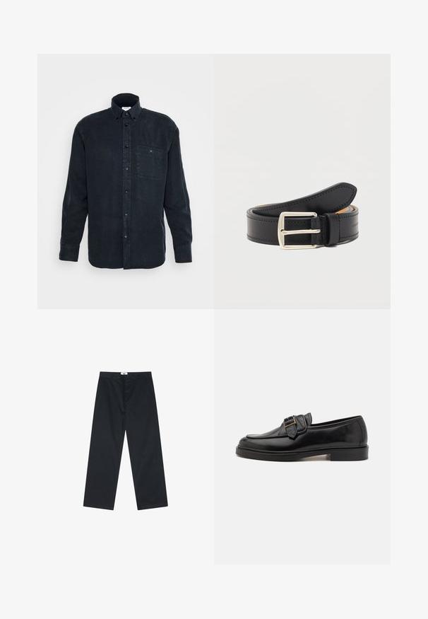 Chemise boutonnée à manches longues bleu marine, fabriquée en coton doux, avec une poche poitrine unique et un col classique.; Pantalon en coton noir avec une coupe droite, doté d'une fermeture à bouton et d'une taille simple. Sans motifs ni accents supplémentaires.; Mocassins en cuir noir avec un bout arrondi et une boucle décorative. Talon plat, solide et texture lisse sur l'ensemble.; Ceinture en cuir noir avec boucle rectangulaire argentée, enroulée avec des coutures visibles le long des bords sur un fond blanc uni.