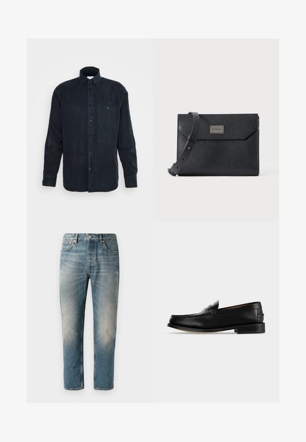 Chemise boutonnée à manches longues bleu marine, fabriquée en coton doux, avec une poche poitrine unique et un col classique.; Jean en denim bleu clair avec une coupe droite. Comprend une fermeture à bouton, cinq poches, et des zones légèrement décolorées ainsi que des marques d'usure au niveau des cuisses.; Mocassin homme en cuir noir avec un petit talon et une couture de style mocassin sur l'avant, vu de côté sur un fond uni.; Sac bandoulière en cuir noir texturé avec sangle réglable et plaque logo métallique à l'avant, fermeture à rabat rectangulaire de style enveloppe.