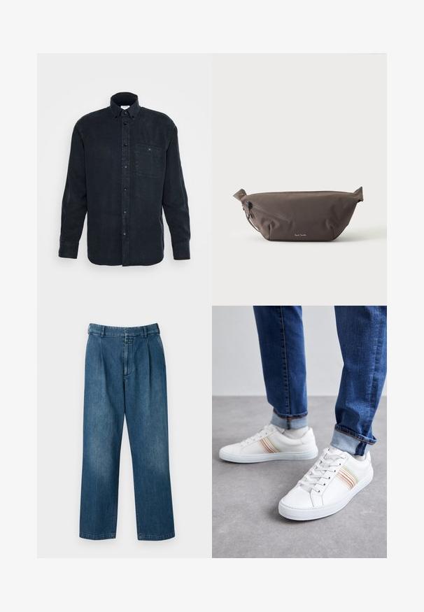Chemise boutonnée à manches longues bleu marine, fabriquée en coton doux, avec une poche poitrine unique et un col classique.; Pantalons en denim bleu avec un design à jambes droites, dotés d'une taille haute, de plis à l'avant et d'une fermeture à bouton classique. Texture lisse.; Baskets en cuir blanc avec des rayures multicolores, design à lacets, semelle en caoutchouc et col rembourré, associées à un jean en denim bleu.; Sac banane en tissu marron foncé avec poche zippée en diagonale et petit logo blanc sur le devant, sur un fond clair uni.