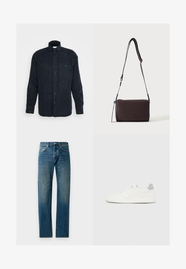 Dunkelblaues, langärmliges Button-up-Hemd aus weicher Baumwolle, mit einer einzelnen Brusttasche und einem klassischen Kragendesign.; Blaue Denim-Jeans im Straight-Leg-Design, ausgestattet mit einem Fünf-Taschen-Stil, dezenten Verwaschungen und kontrastierenden Nähten.; Weißer Sneaker mit niedrigem Schaft, grauem Fersenlaschen, weißen Schnürsenkeln und einer strukturierten Sohle, dargestellt vor einem schlichten hellen Hintergrund.; Dunkelbraune, strukturierte Leder-Crossbody-Tasche mit verstellbarem Riemen und kleinem dekorativen blauen Akzent an der Seite.