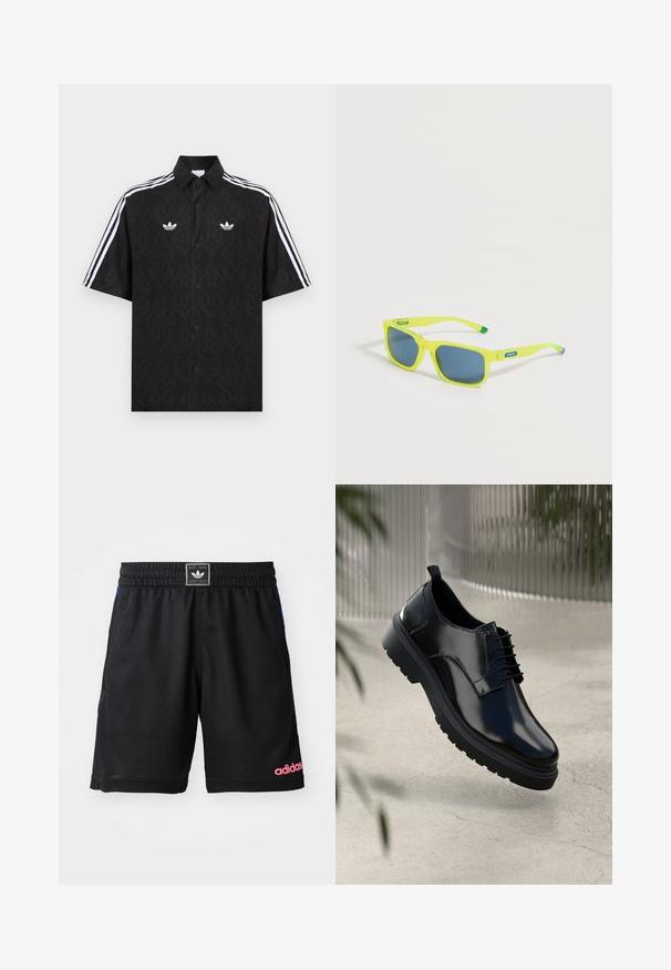Musta lyhythihainen nappipaita, jossa on hienovarainen liekkikuvio, valkoiset Adidas-trefoil-logot rinnassa ja valkoiset kolmastraipat hihoissa.; Musta urheilushortsit, jotka on valmistettu teksturoidusta ja hengittävästä kankaasta. Ominaisuuksina joustava vyötärö ja alhaalla oikealla puolella vaaleanpunainen "adidas"-logo.; Musta nahkakenkä, jossa on kiiltävä pinta, pyöreä kärki, nauhakiinnitys, kontrastiväriset saumat ja paksu kumipohja, jossa on profiilikuviot.; Keltaiset läpikuultavat suorakulmaiset aurinkolasit, joissa on tummat linssit ja vihreät sekä siniset kärjet valkoisella pinnalla.